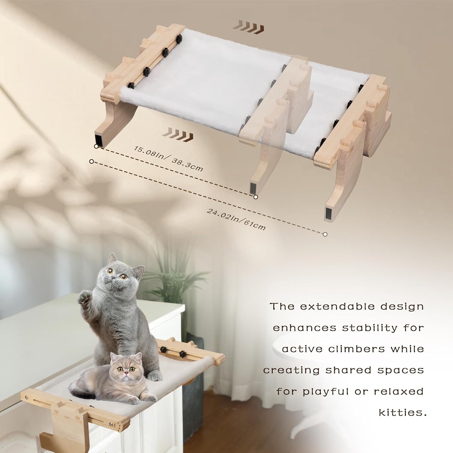 Laveivert 2-in-1 Cat Sill Window Perch, Cat Window Seat for Small & Large Cats, Nartural Color Wood & Metal Frame Cats Indoor Hammock Free-Standing, Easy to Adjust Windowsill