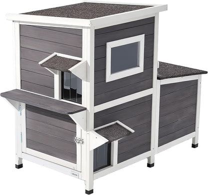 VEVOR Outdoor Cat House, 2-Story Wooden Cat Shelter for 3 Outside Cats in Winter, Elevated Feral Kitty Shelter with Stairs, Clear Window & Flap Doors, Waterproof Cats Condos for Garden 42 × 25 × 34 in