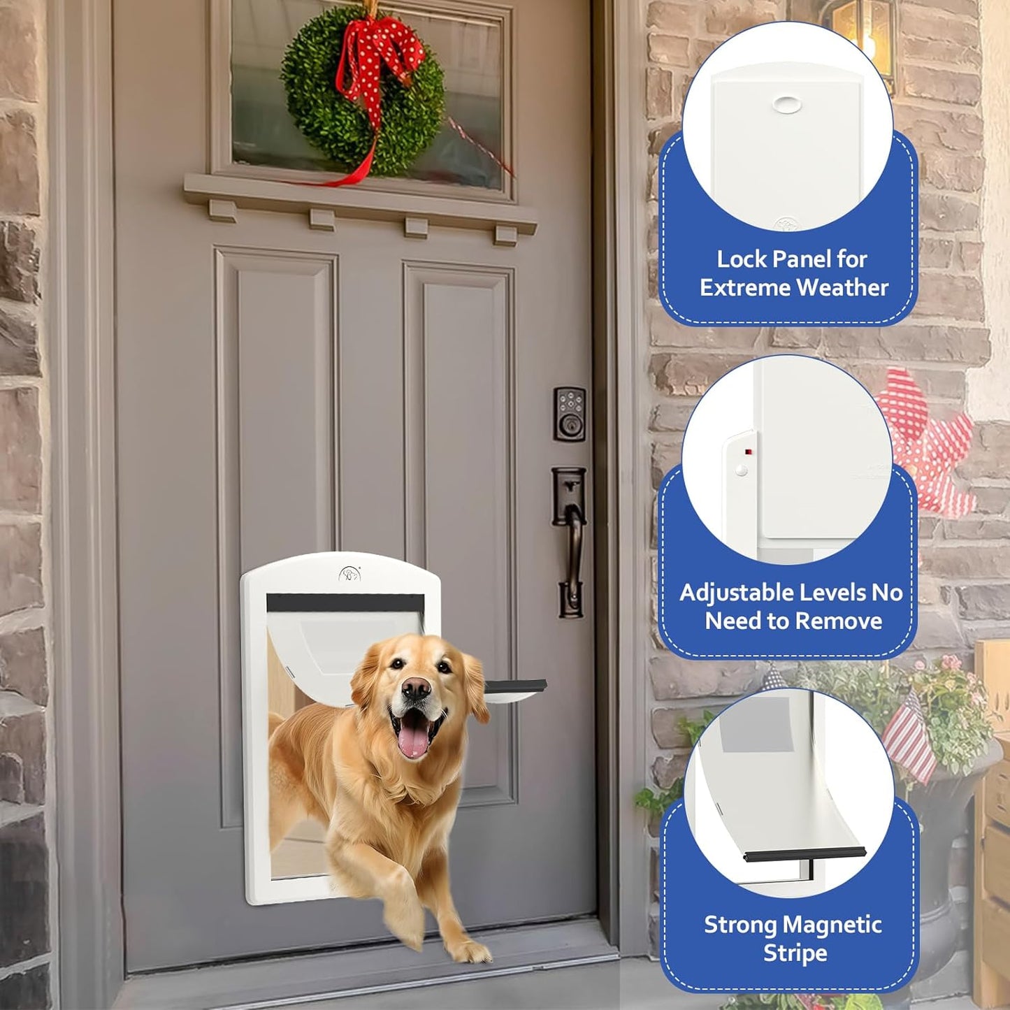 [Classicmacher] Dog Door for Large Dogs, White Frame Door for L arge Dogs, Strong Plastic Doggy Door and L arge Pets with Sliding Lock Panel and Magnetic Soft Flap (Large, Milk White)