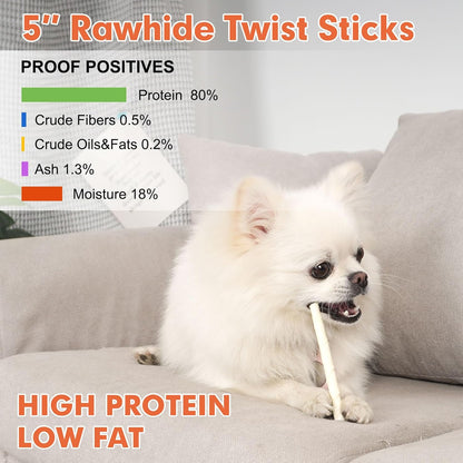 MON2SUN Dog Rawhide Twist Sticks Natural 5 Inch Thin Sticks Rawhide Chews Treats for Puppy and Small Dogs 120 Count