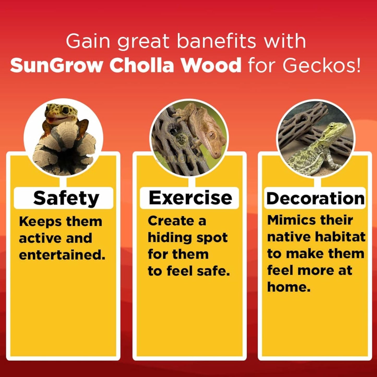 SunGrow Leopard Gecko Cholla Wood, 5 Inches Long, Create Basking Spot, Artistic Home-Decor, Lizards and Bearded Dragons, 6-Pack