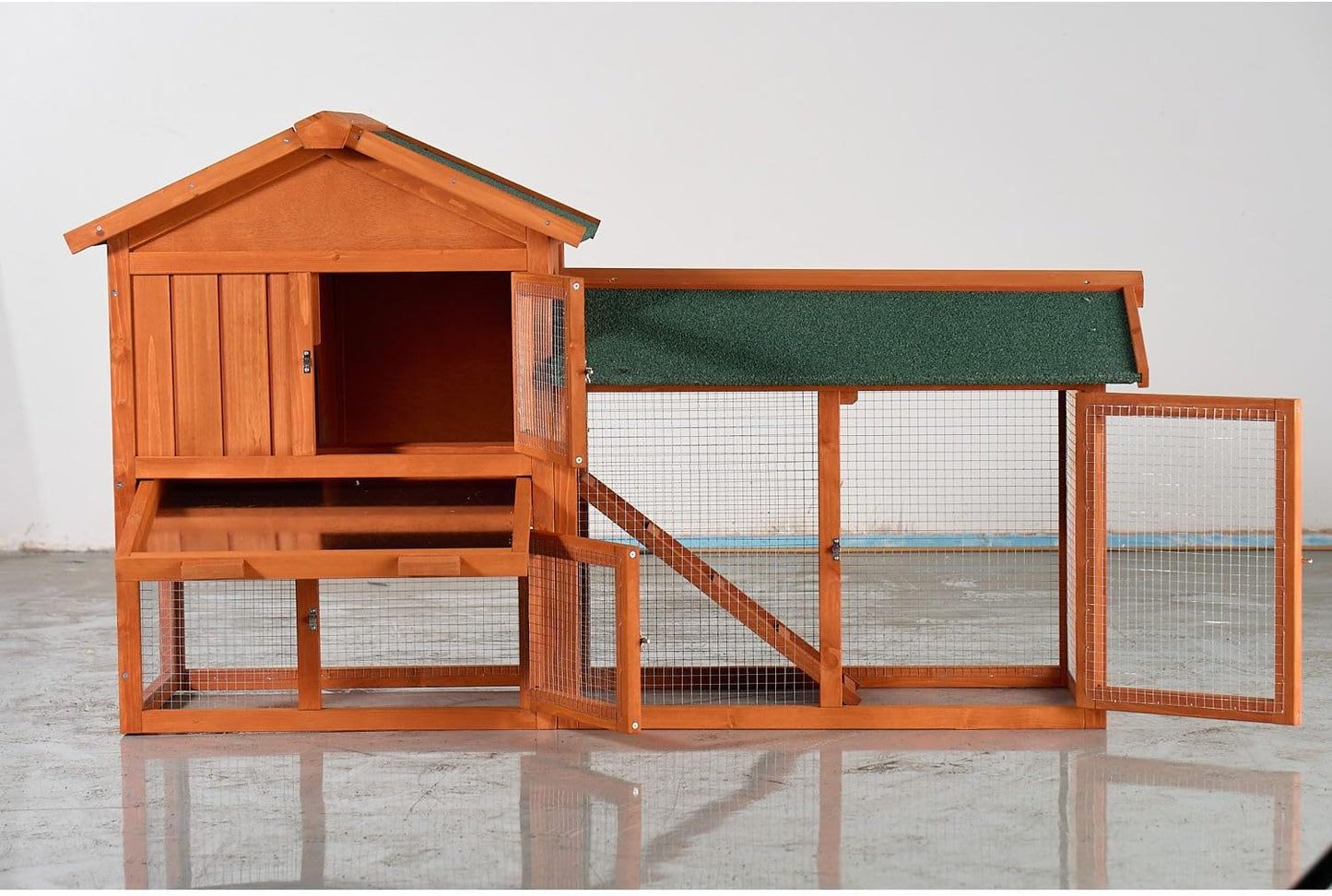 Large Wooden Rabbit Hutch Wood Brown Weather-Resistant Asphalt Roof Outdoor Porch Durable Pet Shelter