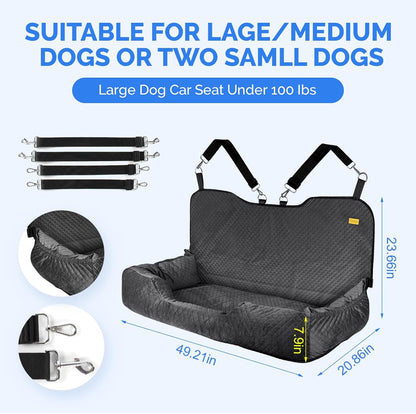 Large Dog Car Back Seat for 100lbs Dogs Pet Bed Car Seat Fully Detachable Washable Travel Safety with Storage Pocket Black