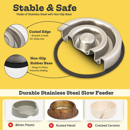 9.5 oz Slow Feeder Dog Bowls, 1 Cup Capacity Spiral Style Stainless Steel Small Dogs & Cats Food Dishes for Fast Eaters, Nonslip Durable Feeding Puzzle Bowl | Slo Down Eating for 10–35lbs