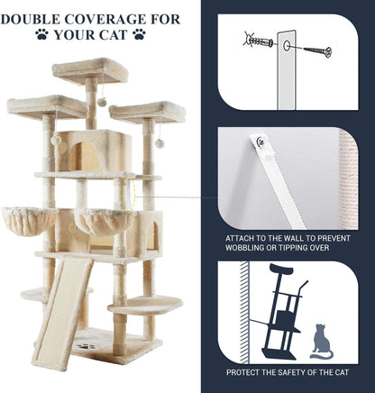 Allewie 68 Inches Cat Tree/House and Towers for Big Feline/Scratching Post/Multi-Level Large Kitty Climbing Tree with Condo/Beige