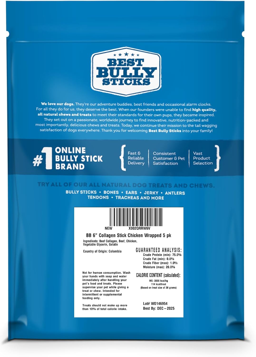 Best Bully Sticks Chicken Wrapped Beef Collagen Sticks - 6 Inch 5 Count (Pack of 1) - Natural, USA Baked and Packed, Easily Digestible, Limited Ingredient, Rawhide Alternative