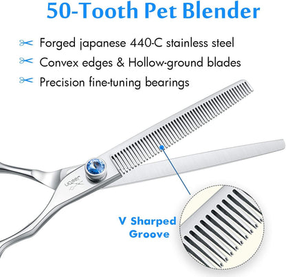 JASON 7" 50 Teeth Thinning Dog Grooming Blending Scissor, Ergonomic Pet Grooming Thinner Blender Shears Cat Trimming Texturizing Kit with Offset Handle and a Jewelled Screw 30% Thinning Rate Christmas