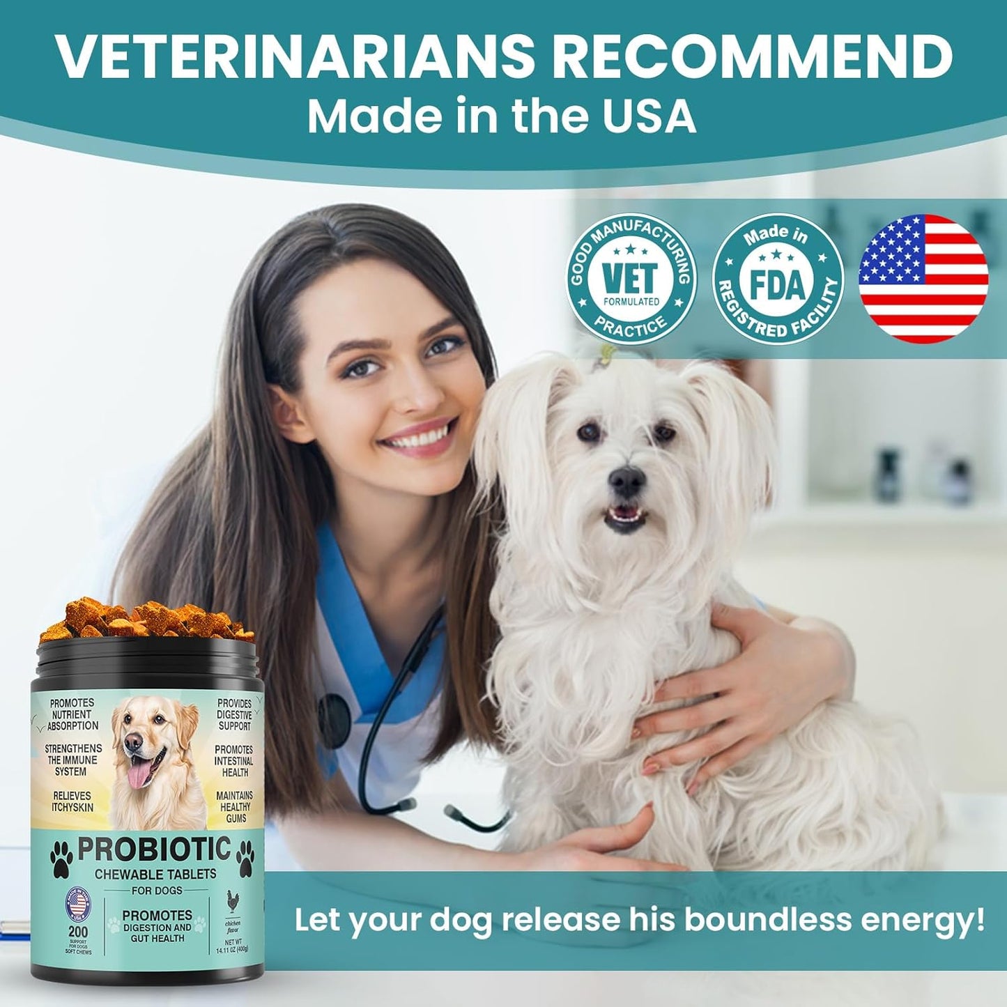 Probiotics for Dogs Gut Digestive Health Probiotic Chew for Dogs Digestive Enzymes Relieve Diarrhea Immunity Oral Problems Itching Constipation Prebiotics Dog Probiotics 200 Tablets Chicken Flavor