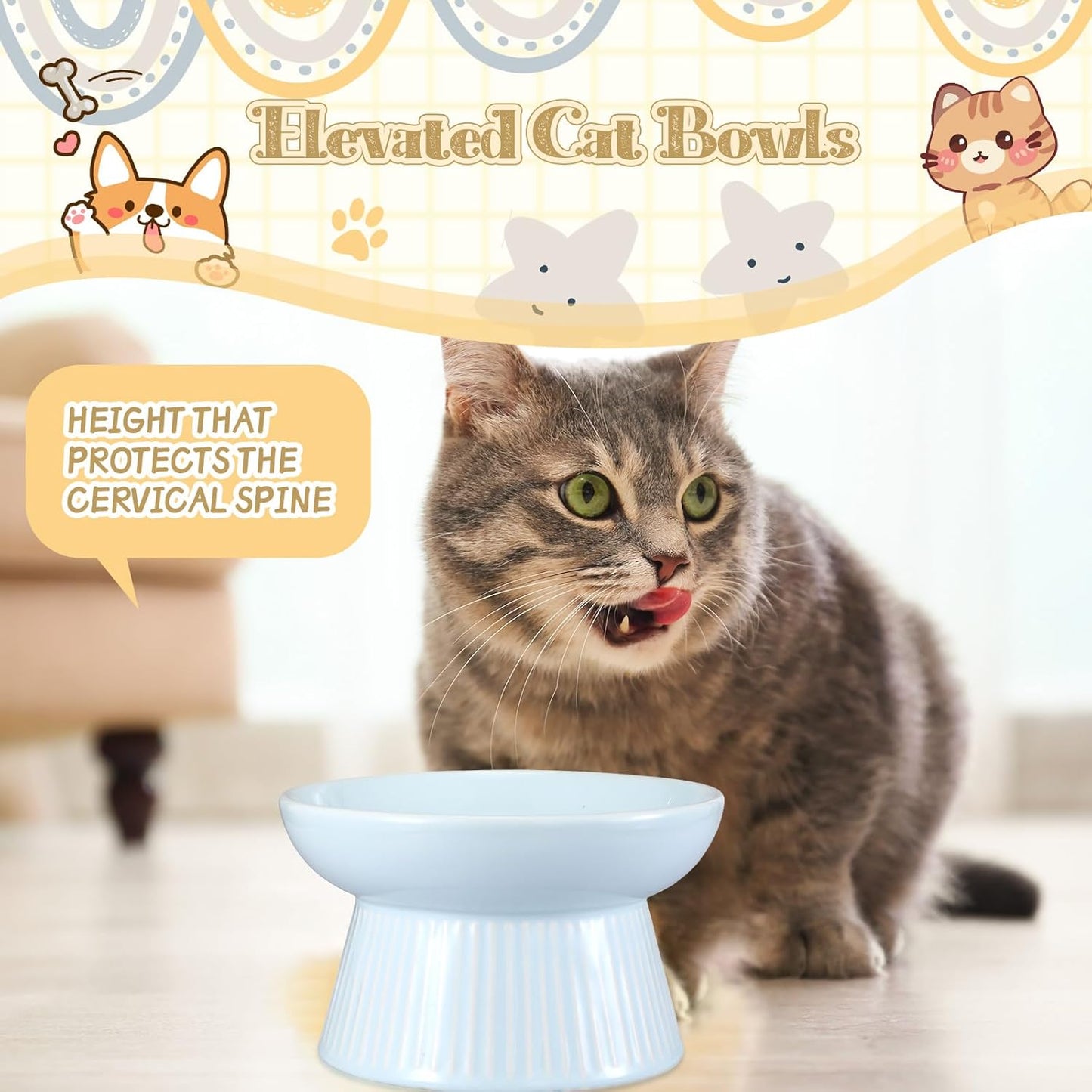 Layhit 2 Pack Raised Slow Feeder Cat Bowls Ceramic Elevated Cat Food Bowls Anti Vomiting Slow Feeder for Dog and Kitten for Dry and Wet Food(Blue, Pink)