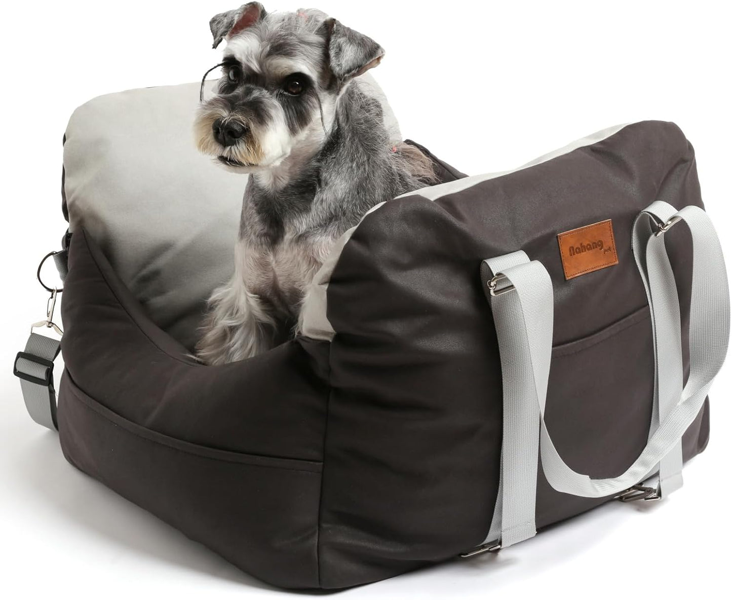 Leath-Aire Dog Car Seat, Scratch Resistant, Waterproof Booster Seat with Storage Pockets and Clip-On Safety Leash, Portable Dog Travel Carrier Bed up to 25lbs (Black/Grey)