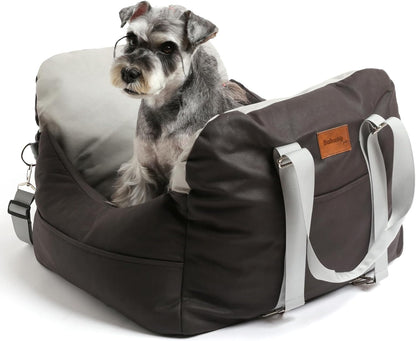 Leath-Aire Dog Car Seat, Scratch Resistant, Waterproof Booster Seat with Storage Pockets and Clip-On Safety Leash, Portable Dog Travel Carrier Bed up to 25lbs (Black/Grey)