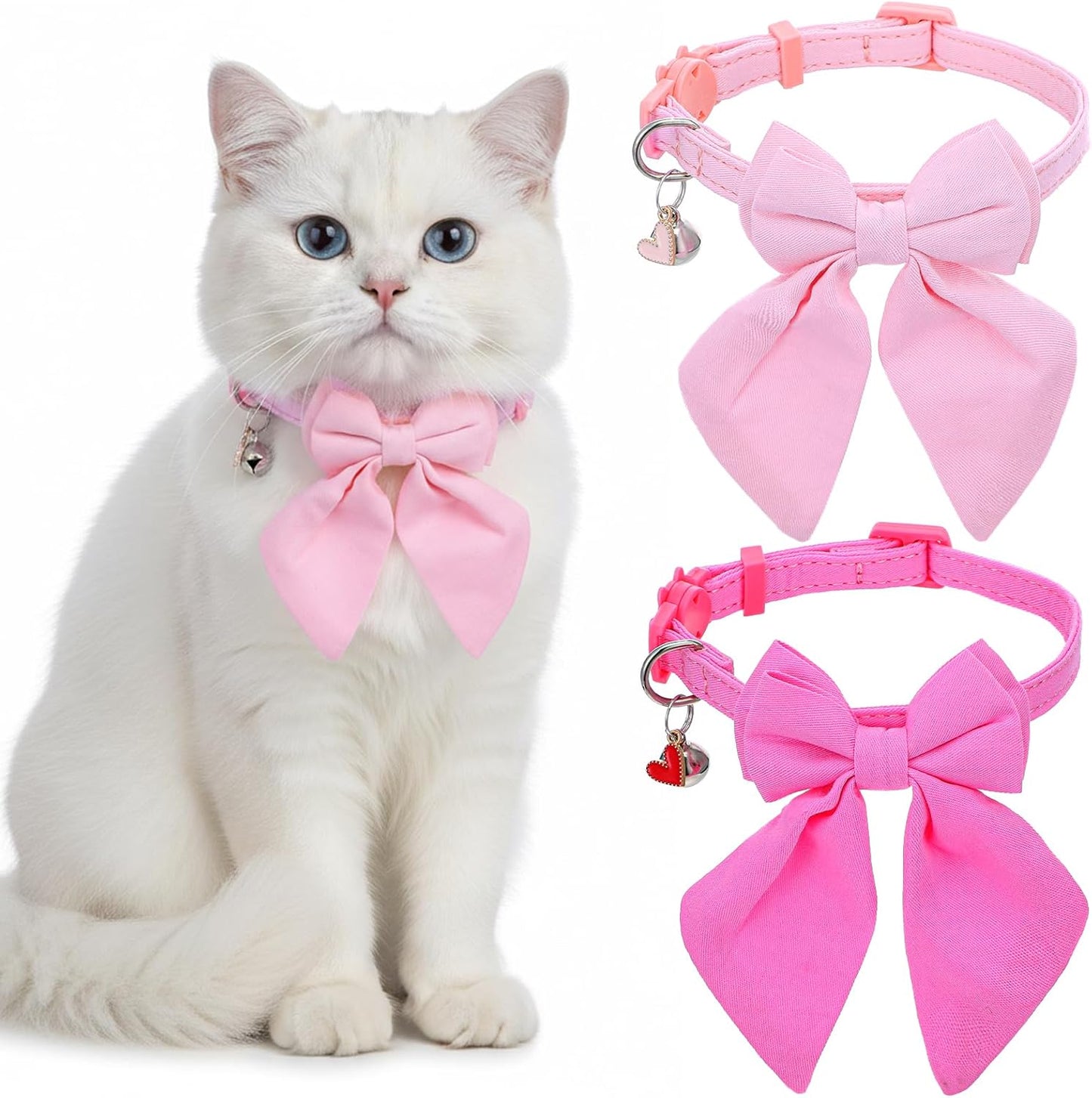 2 Pack Pink Cat Collar with Bow, Cute Cat Collar Breakaway with Bells, Pink Bowtie for Girl Cats, Cute Small Kitten Collars with Removable Safety Bowtie