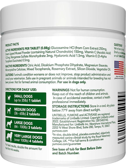 Yumove Hip & Joint Supplement for Dogs with Glucosamine, Hyaluronic Acid, Green Lipped Mussel & Omega 3 Joint Supplement - Regular or Advanced Strength (120 Count, Chewable Tablets)