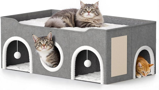 All-in-1 Extra Wide Cat House,Top Bed Three Rooms Cat Condos,Cat Beds for Indoor Cats,Multi Cats Puppy Family with Fluffy Ball Hanging and Scratch Pad, Foldable Hideaway
