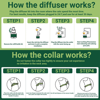6 in 1 Cat Calming Pheromone Kit, 2 Pack Cat Calming Diffuser for Indoors Stress, 2 Pack Calming Collar for Cats to Comfort Anywhere, Dual-Action Calming to Reduce Anxiety,Scratching(120 Days Green