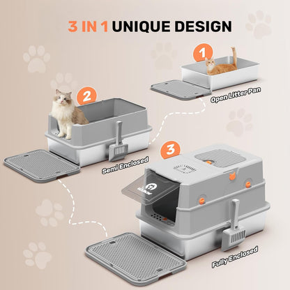 Stainless Steel Litter Box with Lid, Anti-Leakage Enclosed Metal Litter Box, Flip-Top Extra Large Kitty Litter Pan with Scoop & Pedal, Odor Free, Front & Top Dual Entry, Light Gray