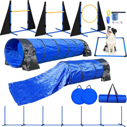 Dog Agility Course Backyard Set - Includes 2x10ft Tunnels, 2 Agility Hurdles,1 Jump Ring,1 Weave Pole, 1 Pause Box | Perfect Dog Agility Equipment for Obstacle Course | Easy Setup & Storage