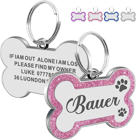 Dog Tags Personalized for Pets Dog Name Tags Personalized Dog Tag Engraved with Any Name & Text Custom Dog ID Tags Glitter Bone ID Tag for Puppy Cat (Pink S, Bone)