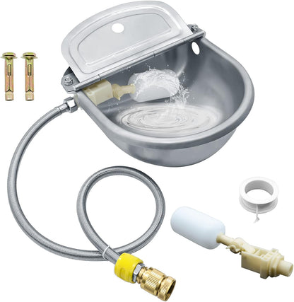Automatic Animal Drinking Water Bowl, 304 Stainless Steel Waterer for Dog Horse Goat Pig Cow, Livestock Water Trough Dispenser with Pipe Hose, 2 Float Valves, Quick Connecter, Expansion Bolt