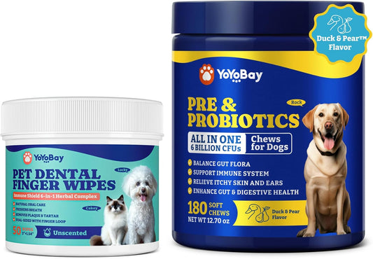 Probiotics for Dogs - Dog Probiotics for Digestive Health, Yeast, Itchy Skin, Gut Health, Immune & Skin+Dog Teeth Cleaning Wipes, Pet Finger Dental Wipes for Dogs & Cats, Dual-Sided, 6-in-1 Herbal For