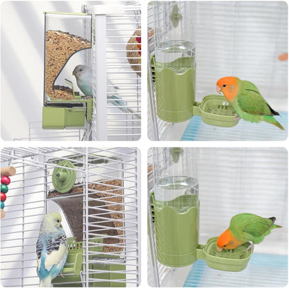 Bird Feeder Water Dispenser Set, Automatic Cage Feeder with Perch for Seed Parakeet Canary Cockatiel Finch Budgies Cage Accessories (Green)
