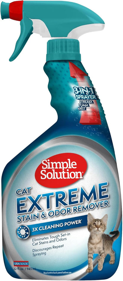 Simple Solution Extreme Cat Stain Eliminator for Strong Odor, Pet Odor Eliminator for Home, Stain Remover for Cats, Kitten Essentials, Floor Cleaner, Urine Destroyer, Carpet Cleaner Spray, 32oz