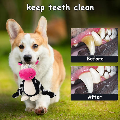 Plush Dog Chew Toys,Squeaky Dog Toys for Aggressive Chewers, Stuffed Animals Dog Toys for Small Medium Large Dogs to Keep Them Busy Puppy Teething Toys（Cow）