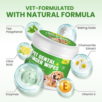 Pet Teeth Cleaning Wipes for Dogs & Cats, Pet Dental Finger Wipes for Dogs, No-Rinse Dog Toothbrush Toothpaste to Reduce Plaque & Tartar, Disposable Dog Tooth Brushing Kit - Mint Flavor - 50 Count