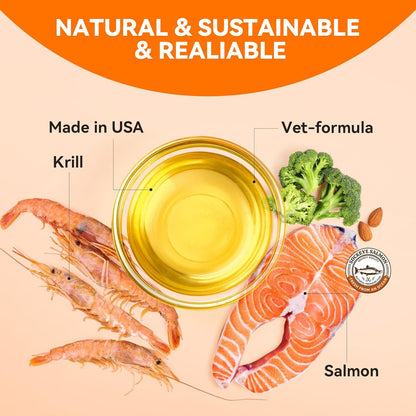 Krill and Salmon Oil for Dogs & Cats for Healthy Skin and Coat, 25% Max Omega 3 for Dog Fish Oil Supplement with EPA & DHA, Vitamin A, E for Dry Skin, Itchy & Allergy Skin Relief -8 oz, Liquid