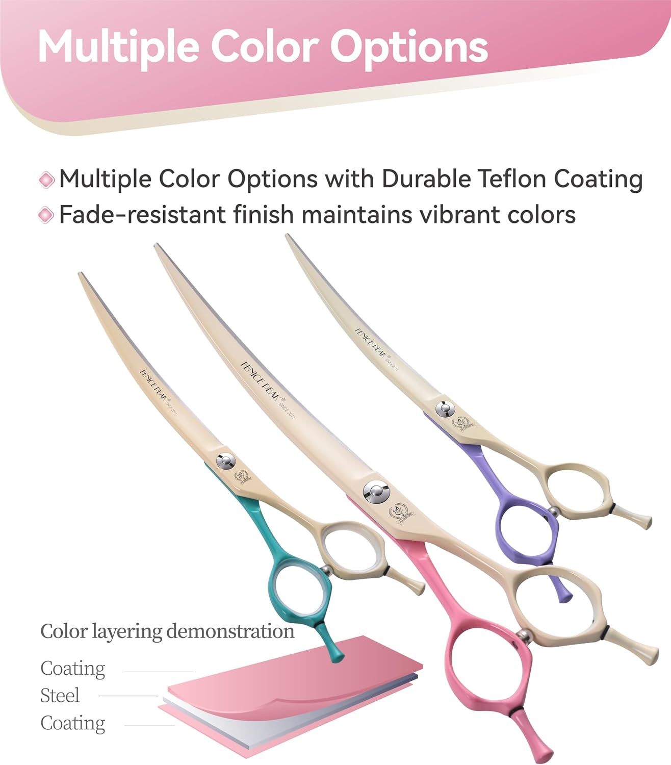 Fenice Peak Curved Dog Grooming Scissors with Coating 440C Stainless Steel, 7 inch Professional Curved Shears Dog Grooming，25 Degree of Curved Blade，Pet Shears for Trimming Face and Paws, Pink & White