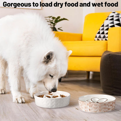 Slow Feeder Dog Bowls, Non Slip Ceramic Dog Bowl with Silicone Base, Slow Eating and Water Drinking Bowls, Heavy Food Bowl for Medium and Large Breed(White, 8")