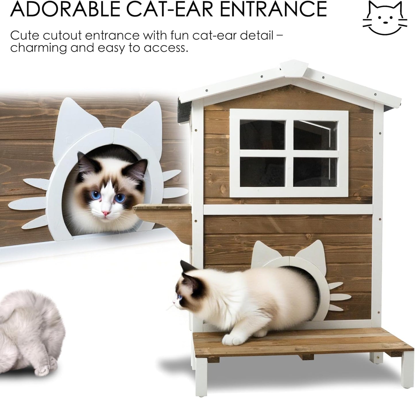 Large Outdoor Cat House, 2-Level Weatherproof Spruce Wood, 32W x 22.75D x 36H inches, Gray