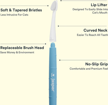 Jasper Microbrush Vet Approved Cat Toothbrush, Soft-Bristled Toothbrush Kit for Felines & Small Dogs, Non-Slip Handle with 2 Replaceable Tooth Brush Heads, Use with Cat Toothpaste
