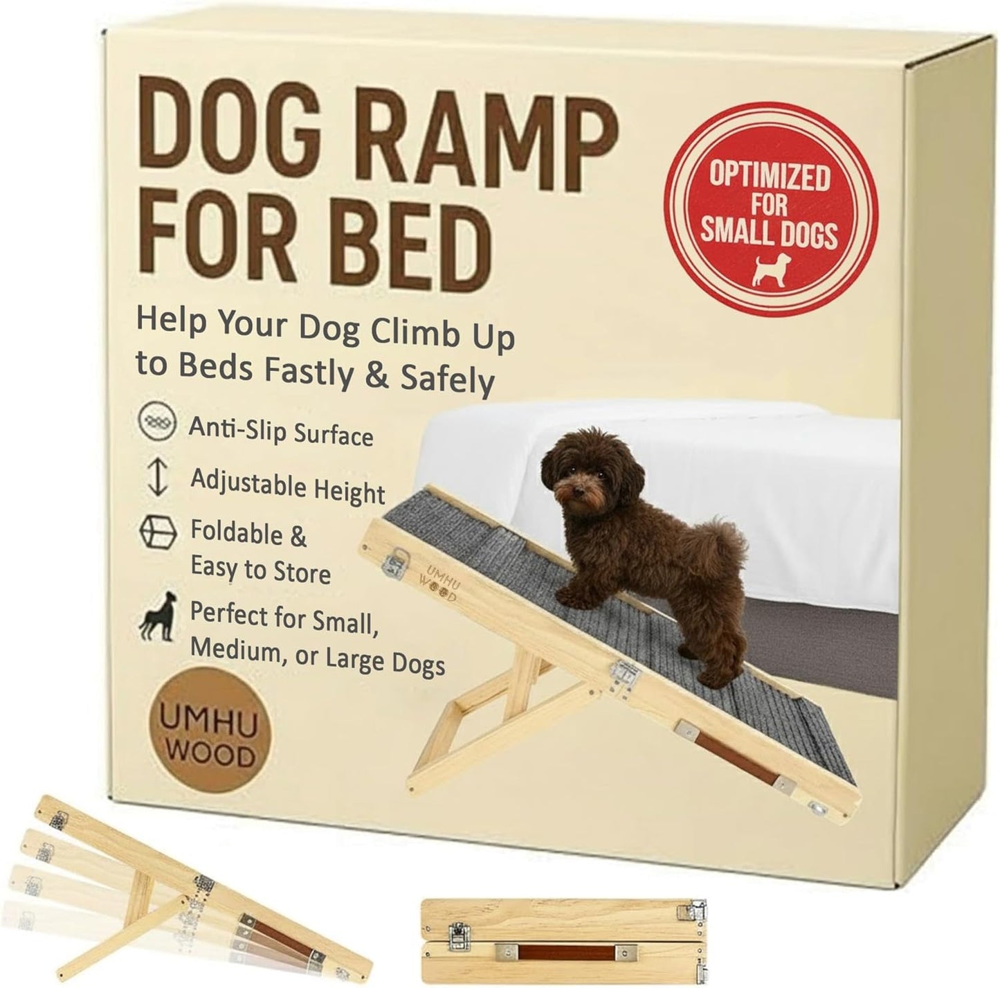UMHUWOOD Dog Ramp for Couch, Bed, and Car – Adjustable, Portable, Foldable, Non-Slip Wooden Pet Ramp for Small, Medium, and Senior Dogs and Cats – Up to 19.5" High