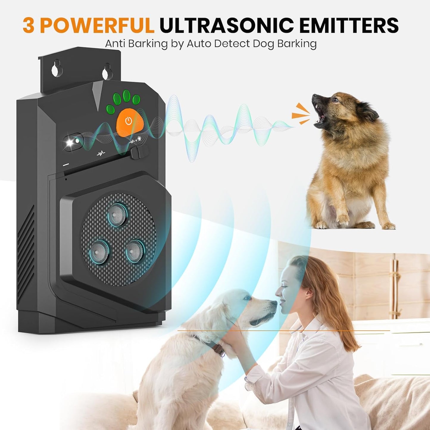 Anti Barking Device for Dogs, 3X Ultrasonic Dog Bark Deterrent Devices with 3 Modes, 50Ft Range Anti Bark Box, IP56 Waterproof Ultrasonic Dog Barking Deterrent Indoor Outdoor Use