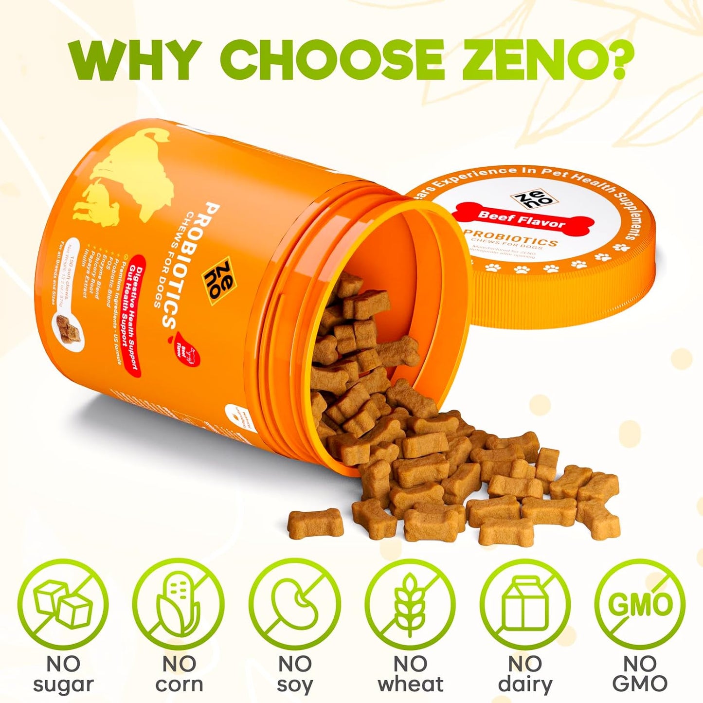 ZENO Probiotics for Dogs Chews - 150 pcs - Digestive & Gut Health Support - Probiotic Chews for Dogs with Enzymes & Natural Ingredients - Vet-Approved US Formula - Beef Flavored