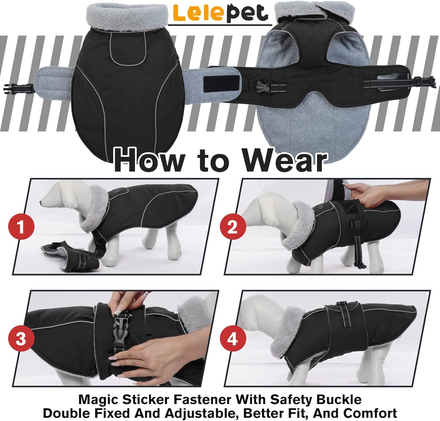 Lelepet Warm Dog Coats for Large Dogs Waterproof Dog Jacket Reflective Pet Fleece Vest Windproof Cold Weather Coats with Adjustable Buckle & Leash Hole, Black, XL