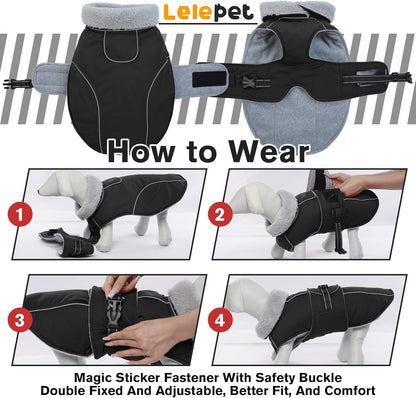 Lelepet Warm Dog Coats for Large Dogs Waterproof Dog Jacket Reflective Pet Fleece Vest Windproof Cold Weather Coats with Adjustable Buckle & Leash Hole, Black, XL