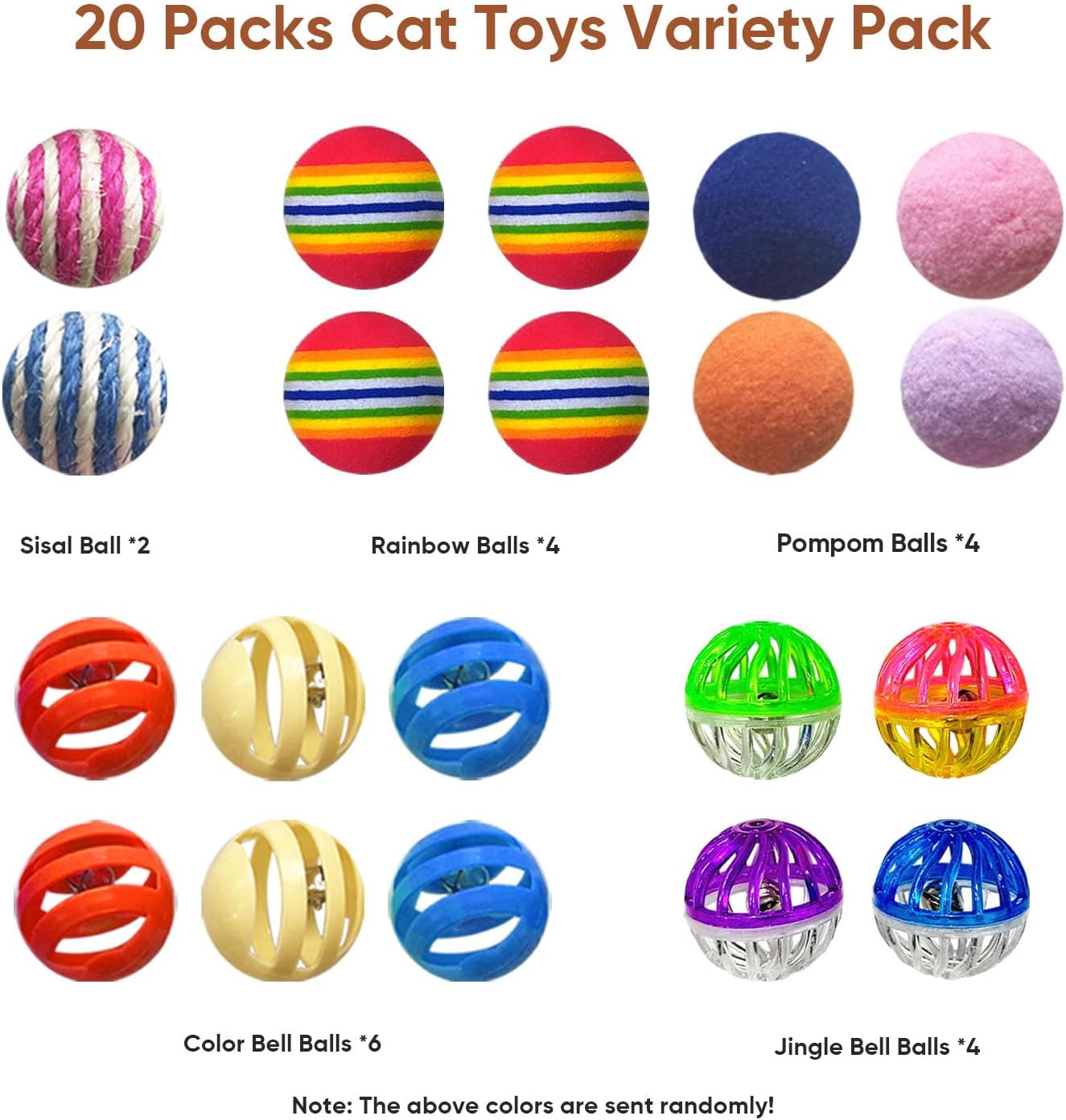 Cat Toys for Indoor Cats, Cat Toys Balls, 20 Packs Interactive Cat Toy Set with Colorful Bell, Jingle Bell, Rainbow, Pompom and Sisal Ball for Kittens