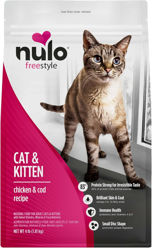 Nulo Freestyle High Protein Cat & Kitten Food, Chicken & Cod Recipe - Natural Grain-Free Dry Cat Food with Omega Fatty Acids & Probiotics, 4 lb Bag