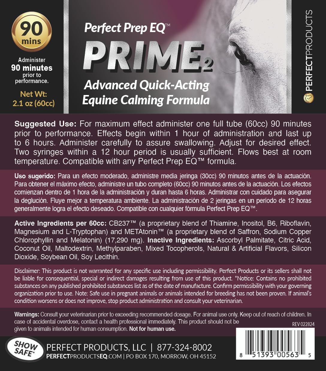 Perfect Prep EQ Prime Horse Calming Paste, Show Safe, Works Within 90 Mins and Lasts 6+ Hours, 60cc