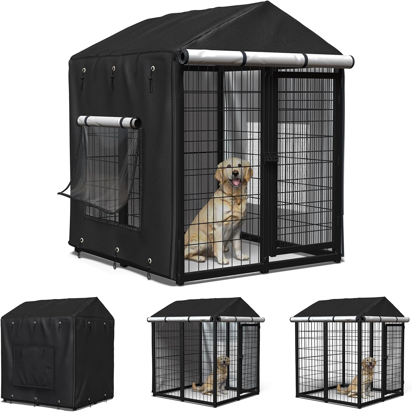 Outdoor Dog Kennel Cover for 4.2'Dx4.2'Wx4.5'H Crate with 3-in-1 Window, 600D Polyester Full Coverage & Silver-Coated Interior Waterproof Dog Crate Cover for Large Dog Cage Outdoor (Cover Only)