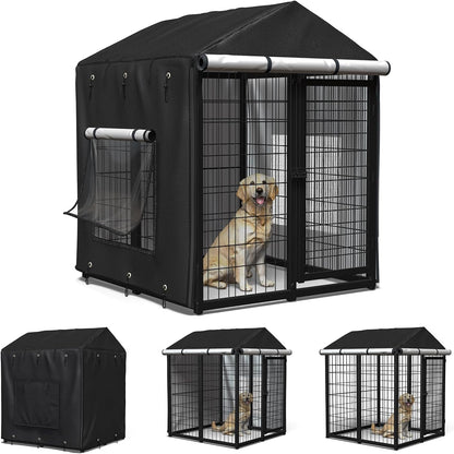 Outdoor Dog Kennel Cover for 4.2'Dx4.2'Wx4.5'H Crate with 3-in-1 Window, 600D Polyester Full Coverage & Silver-Coated Interior Waterproof Dog Crate Cover for Large Dog Cage Outdoor (Cover Only)