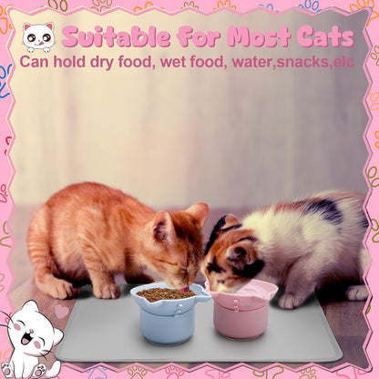 2 Pack Pink, Blue Slow Feeder for Cat Bowls, Silicone Tilted Raised Pet Bowl with Non Slip Base for Digestion Anti Vomit
