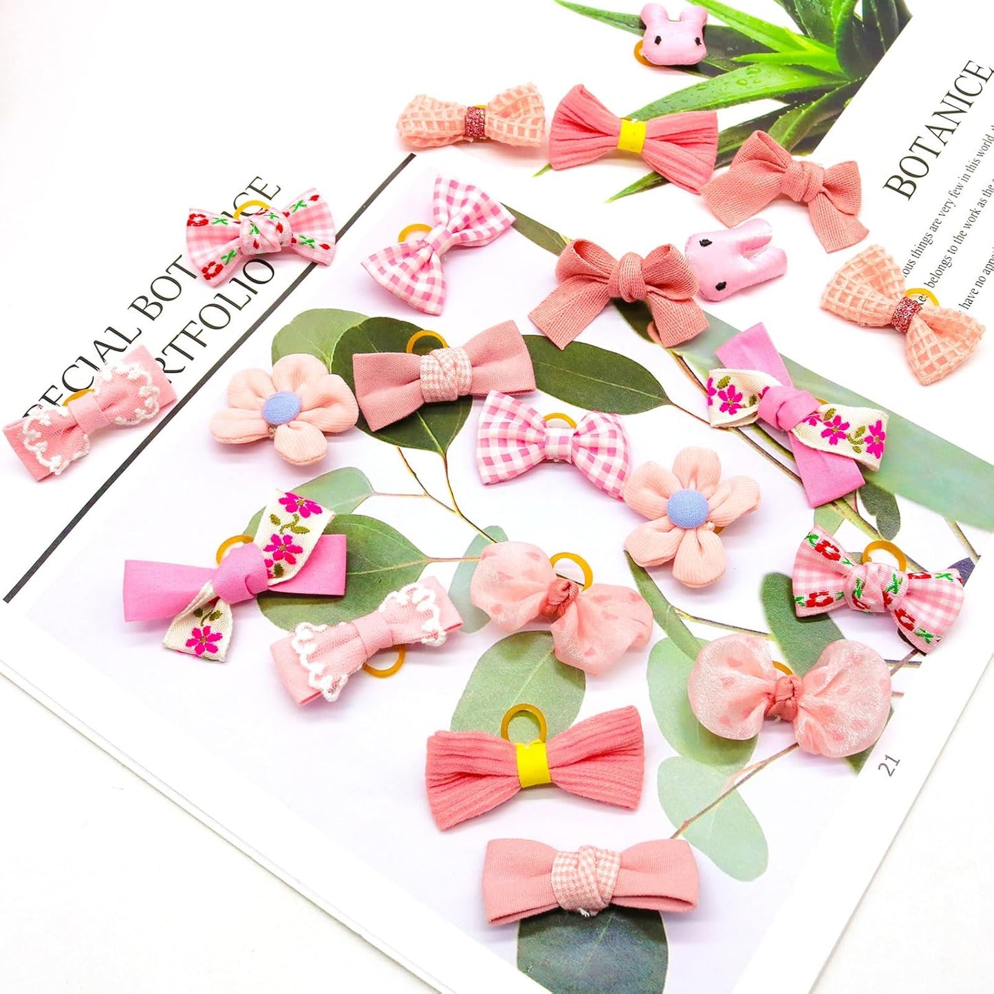 20pc Light Pink Small Dog Hair Bows with Rubber Bands, Flower Ball Bowknot Top Knot for Yorkie Hair Accessories