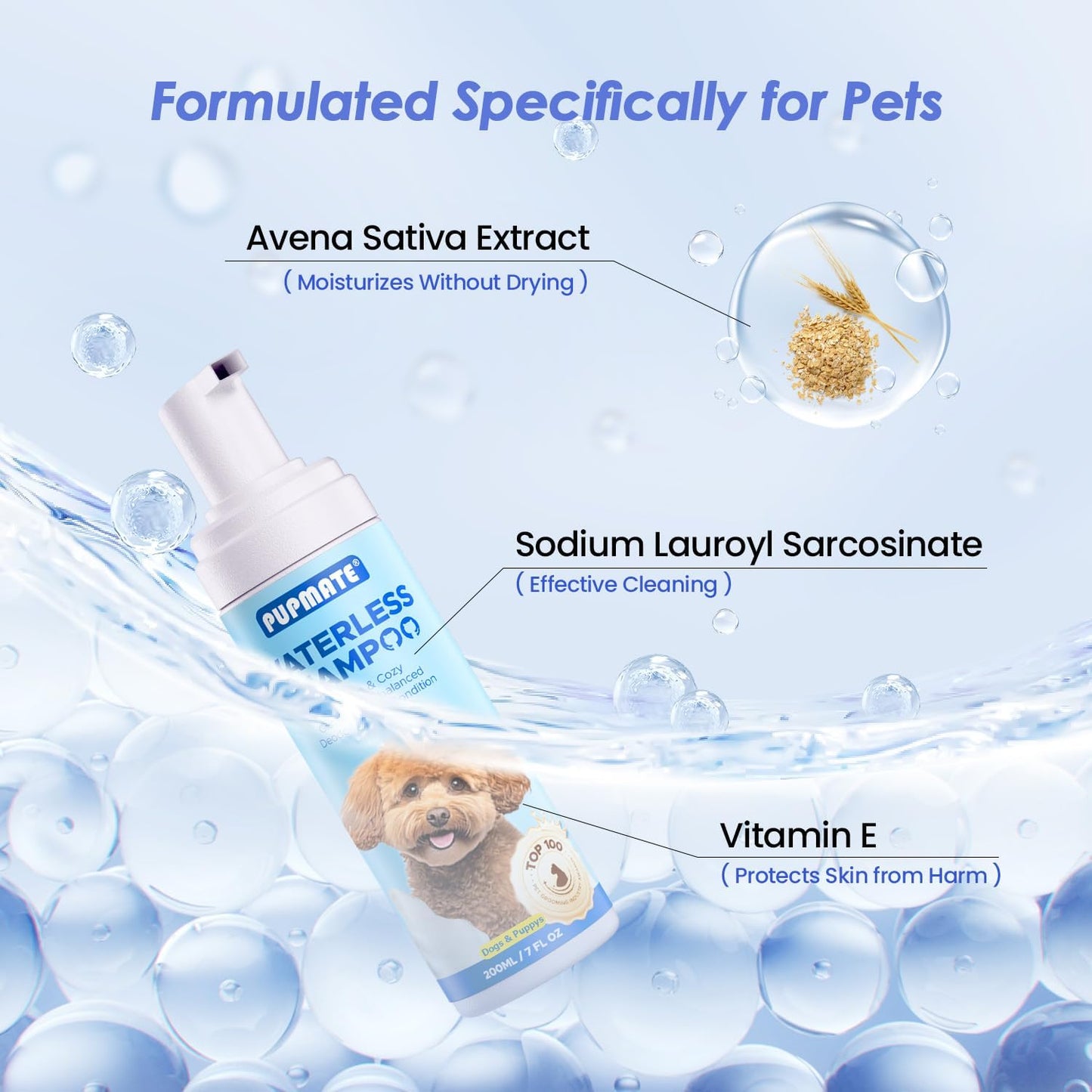 Waterless No Rinse Dog Dry Shampoo Spray for Smelly Dogs, Hypoallergenic & pH-Balanced, Deodorizing, Sensitive Skin Care, Safe for Puppies & Cats, Clean, Condition & Freshen