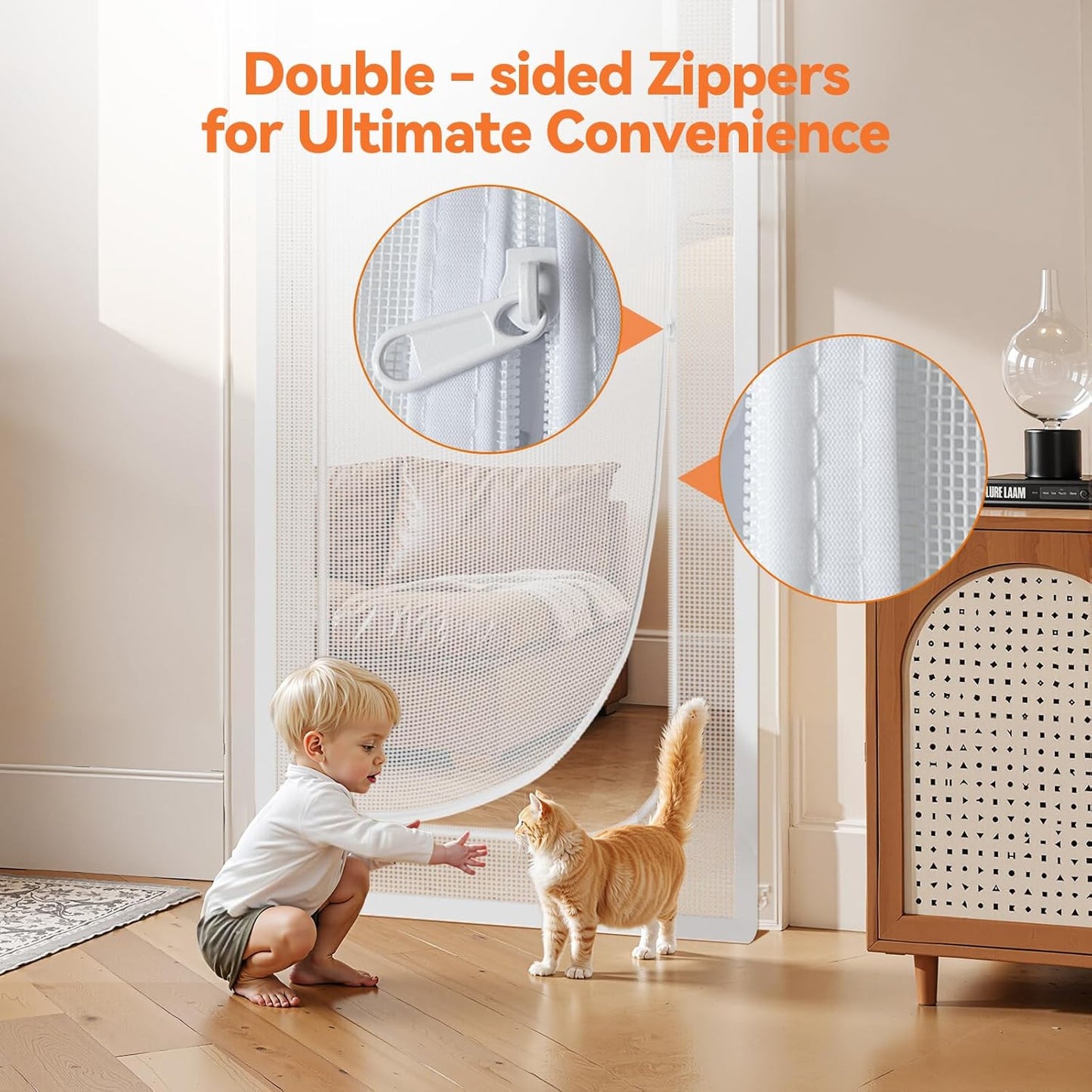 Cat Screen Door, Extra Tall Cat-Proof Mesh Gate, Fit Door Size 30'' x 80'', Anti Scratch Mesh with Zipper Closure, for Living Room, Kitchen, Bedroom (White, U-Shaped)