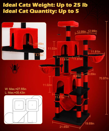 AMHANCIBLE Gothic Cat Tree, 70 Inch Tall for Indoor Adult Cats, Large Multi-Level Tower with Scratching Post, Hammock, Condos, Hanging Basket, Activity Center to Play and Sleep, Black Red, PT18RD