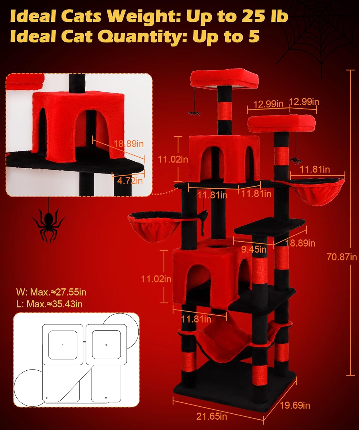 AMHANCIBLE Gothic Cat Tree, 70 Inch Tall for Indoor Adult Cats, Large Multi-Level Tower with Scratching Post, Hammock, Condos, Hanging Basket, Activity Center to Play and Sleep, Black Red, PT18RD