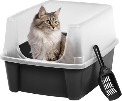 IRIS USA Large Cat Litter Box with Scatter Shield and Scoop, Open Top High Sided Cat Litter Pan, Black